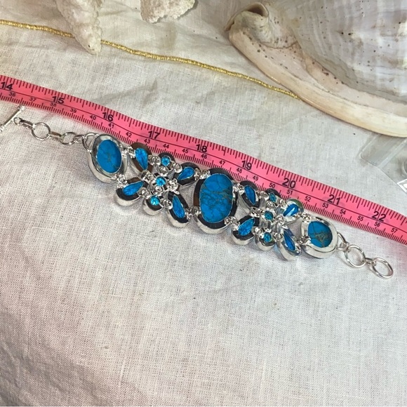 Gorgeous Tibetan Turquoise + Blue Topaz cluster statement cuff bracelet - Picture 13 of 15
